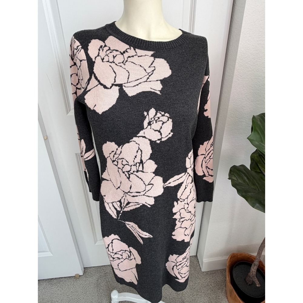 Calvin Klein Womens Grey Pink Floral Intarsia Knit Sweater Dress Medium
